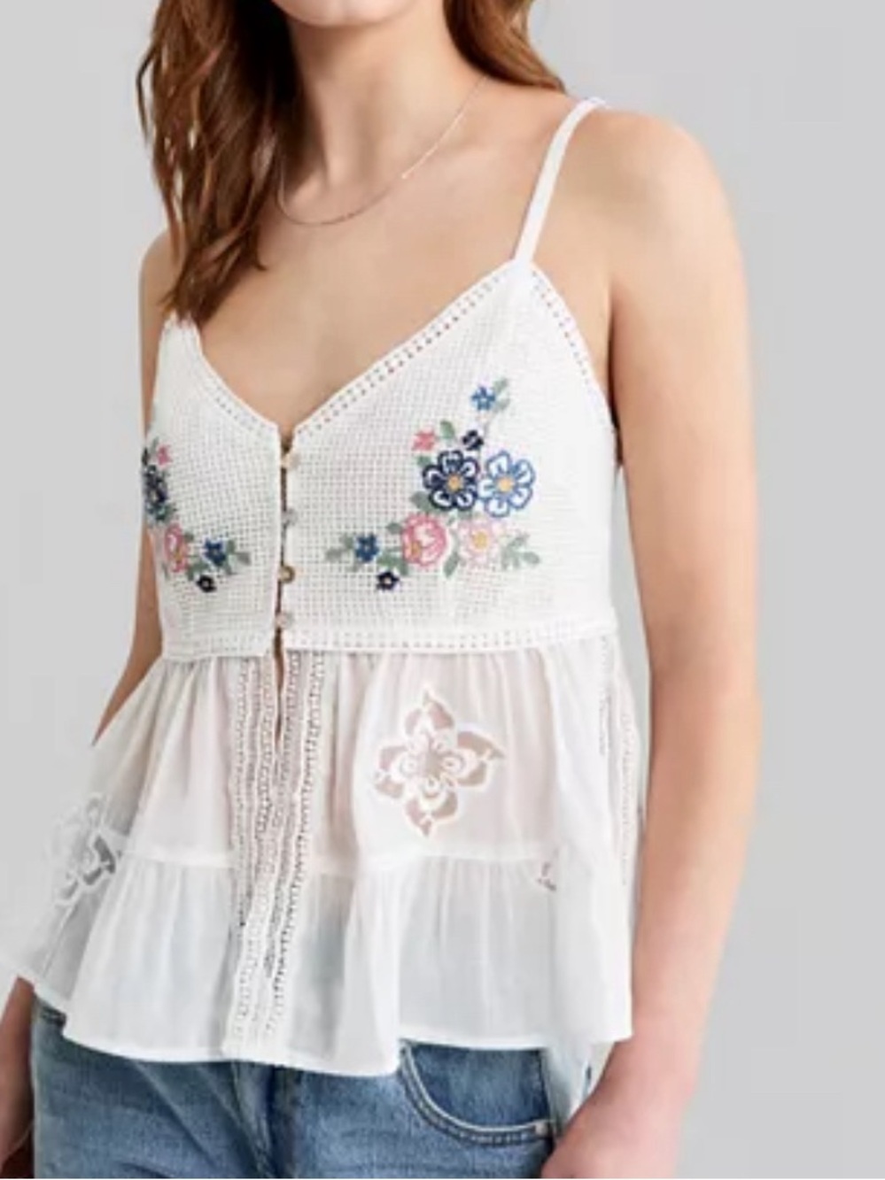 White Embroidered Crochet Cami with Floral Detail